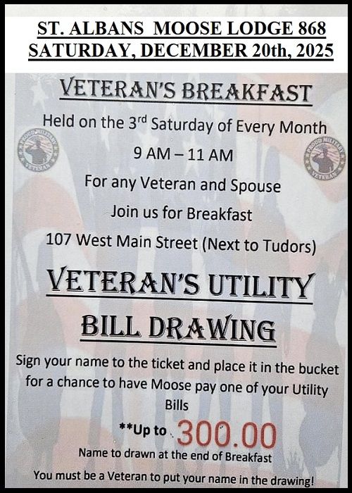 MOOSE LODGE 868 VETERANS BREAKFAST SATURDAY, DECEMBER 20th, 2025